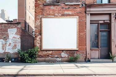 Blank white billboard with a wooden frame is attached to a red brick wall in the city - yliv