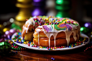 Delicious king cake with colorful icing and mardi gras beads celebrating carnival season - yliv