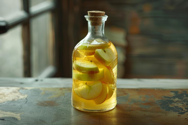 стеклянная бутылка, полная яблочного уксуса с нарезанными яблоками внутри, на деревенской поверхности с окном на заднем плане - yliv