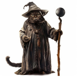 Tabby cat dressed as a wizard, holding a staff and wearing a robe, embodies fantasy and magic - yliv