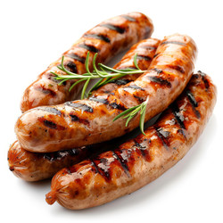 вкусные сосиски-гриль с веточками розмарина на белом фоне - yliv