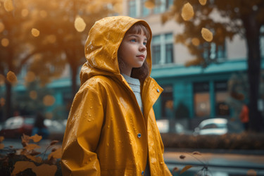 Улыбающаяся девушка, идущая в желтом плаще. Генерировать искусственный интеллект - yliv