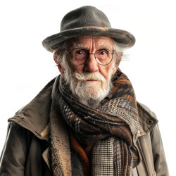 Stylish elderly man wearing a hat and scarf, posing against a white backdrop - yliv