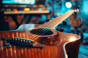 Acoustic guitar lying on stage with drum kit and keyboard in background - yliv