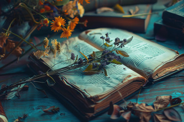 Открытая старинная книга с засушенными цветами, лежащая на письменном столе - yliv