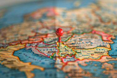 Red pin pointing location showing concept of travel destination on map - yliv