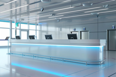 Пустая стойка регистрации в аэропорту, подсвеченная синими лампочками - yliv