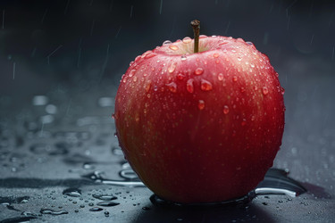 красное яблоко, покрытые каплями воды, стоя на черной мокрой поверхности во время дождя - yliv