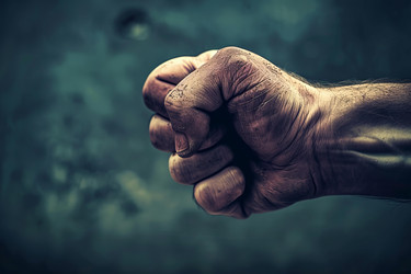 Construction worker clenching dirty fist showing power - yliv