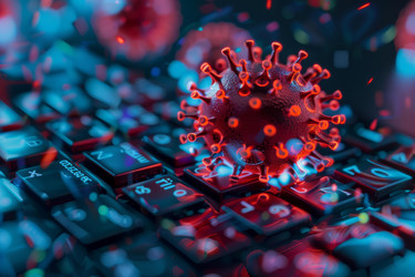 3D render of a red coronavirus laying on a black keyboard - yliv