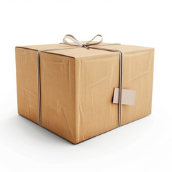 Single brown cardboard box tied with string and with a blank label attached, isolated on white background - yliv