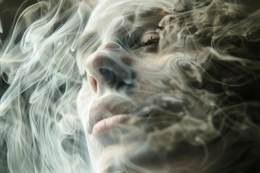 Woman face disappearing in smoke fumes on black background - yliv