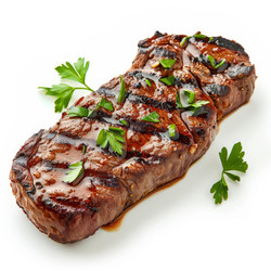 Вкусный стейк на гриле с зеленью лежит на белом фоне - yliv