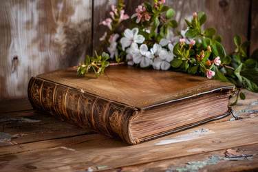 старая книга, лежащая на деревянном столе с букетом цветов, создает винтажную атмосферу - yliv