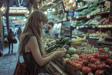 молодая женщина выбирает овощи в продуктовом отделе на фермерском рынке - yliv