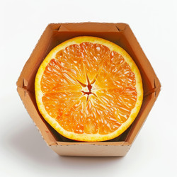 Half orange fruit is placed inside a hexagonal cardboard box on a white background - yliv
