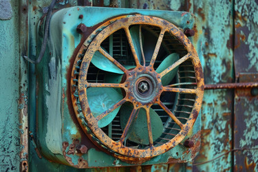 Rusty industrial fan showing corrosion and decay on green wall - yliv