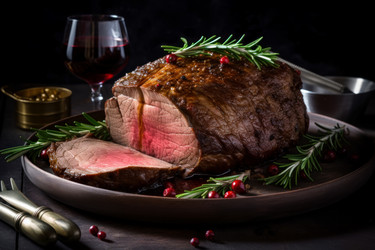 Roasted beef with rosemary still life. Generate ai - yliv