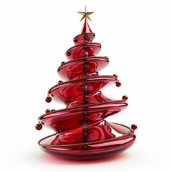 Red christmas tree with golden garland standing on white background - yliv