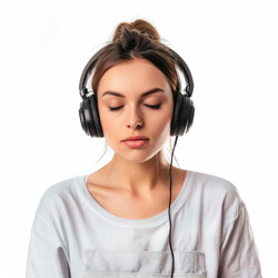 Serene young woman listening to music on headphones with closed eyes, isolated on white background - yliv