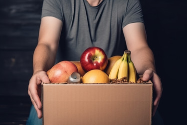 Box with essential food items. Apples, bananas, pomegranates, oranges to help refugees and poor families. Generate Ai - yliv