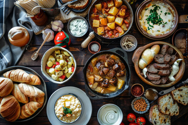 сервировка стола в деревенском стиле демонстрирует вкуснейшие домашние блюда, идеально подходящие для сытного ужина - yliv