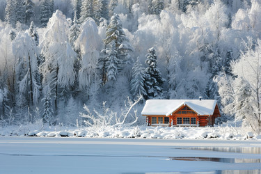 Snow covered forest surrounding a frozen lake with a wooden cabin in the background - yliv
