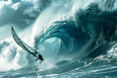 Windsurfer is riding a giant wave in the ocean on a cloudy day - yliv