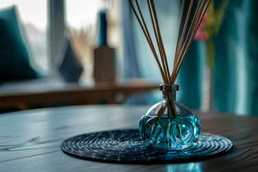 Blue glass aroma diffuser with rattan sticks is standing on the table, creating cozy atmosphere at home - yliv