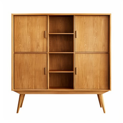 Modern wooden sideboard with open compartments and closed doors displaying minimalist design on white background - yliv