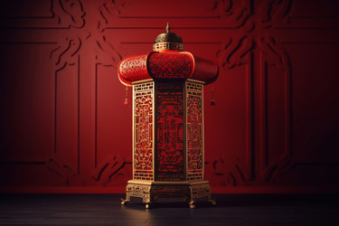 Oriental red lantern. Ornamental and detailed ancient lamp with golden color. Generate AI - yliv