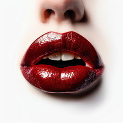 Woman showing glossy red lips and white teeth - yliv