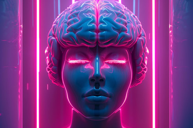 3D-рендер женского бюста с обнаженным мозгом, светящегося неоновыми огнями, исследующего темы сознания и искусственного интеллекта - yliv