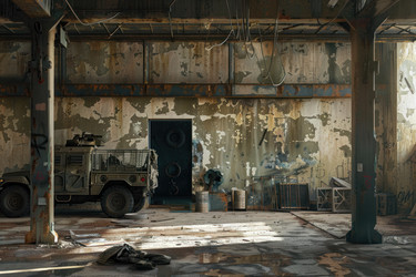 Military humvee parked inside derelict industrial building - yliv