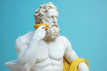 Greek statue Poseidon holds cheeseburger. Generate ai - yliv