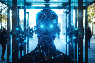 Ai is performing facial recognition on a businessman entering a corporate building using futuristic technology - yliv