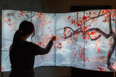 Curator is touching an interactive digital art installation featuring a beautiful cherry blossom tree - yliv