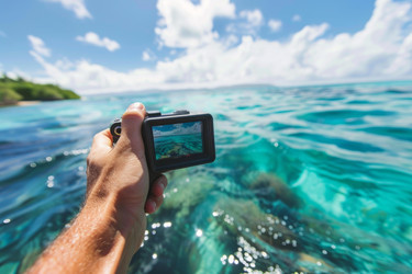 Man holding action camera filming underwater sea bed in turquoise lagoon - yliv