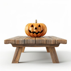 Halloween pumpkin sitting on a rustic wooden table on white background - yliv