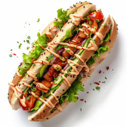 вкусный хот-дог с веганской колбасой, свежим листьями салата, помидорами, огурцами, красным луком и острым соусом на белом фоне - yliv