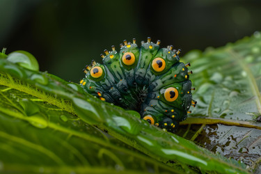 Green caterpillar with yellow eyespots is resting on a leaf in a lush, green environment - yliv