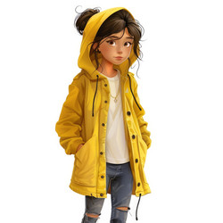 Young girl wearing a yellow raincoat posing with hands in pockets - yliv