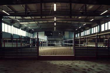Empty indoor horse riding arena with sand and fences illuminated by sunlight passing through windows - yliv