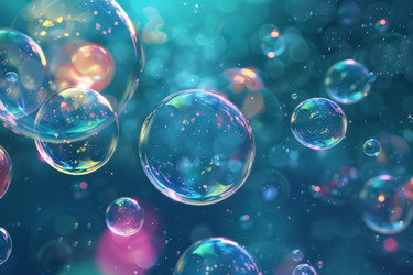 Many soap bubbles floating and reflecting light on a blue background - yliv