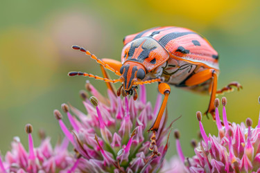 Orange and black beetle standing on a pink flower - yliv