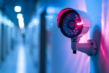 Modern security camera watching over hallway with pink and blue lights - yliv