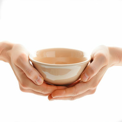 Woman hands holding empty bowl on white background, asking for food donation - yliv