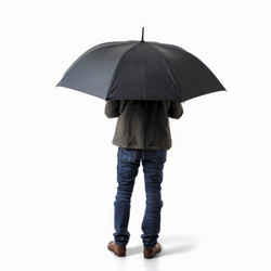 Man holding black umbrella from behind, standing on white background - yliv