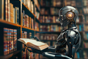 робот с искусственным интеллектом стоит в библиотеке, читает книгу и собирает данные - yliv