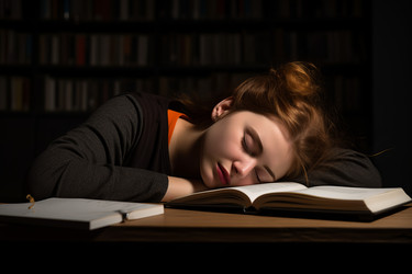 переутомленная спящая девушка-студентка над книгой. измученная ученая дама засыпает в библиотеке. генеративный контент - yliv